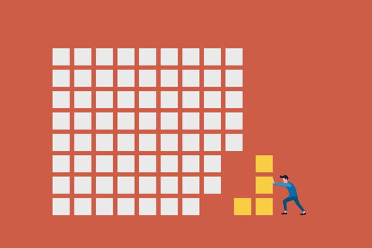 Businessman push block. concept of corporate teamwork, project completion solution, missing piece, strategic planning goal achievement