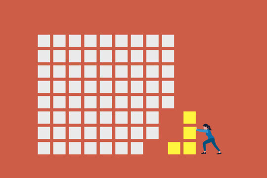 Business woman push block. concept of corporate teamwork, project completion solution, missing piece, strategic planning goal achievement