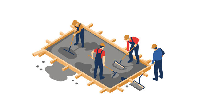 Isometric construction workers leveling concrete foundation