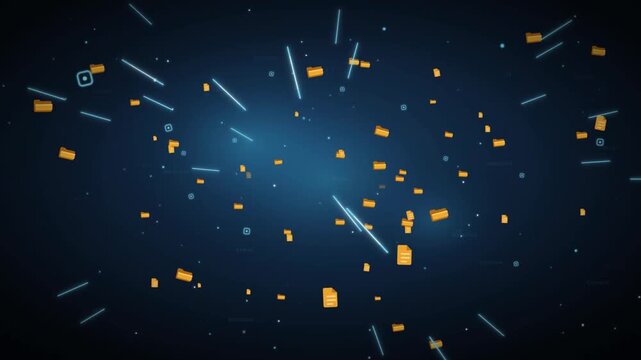 Orange folders and documents flying through digital blue data space animation loop