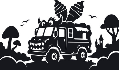 Whimsical Monster Ice Cream Truck Vector Silhouette Featuring a Fantasy Landscape with Mushrooms, Castle, and Forest - Creative Food Truck Illustration for Kids and Dessert Lovers © Sadek