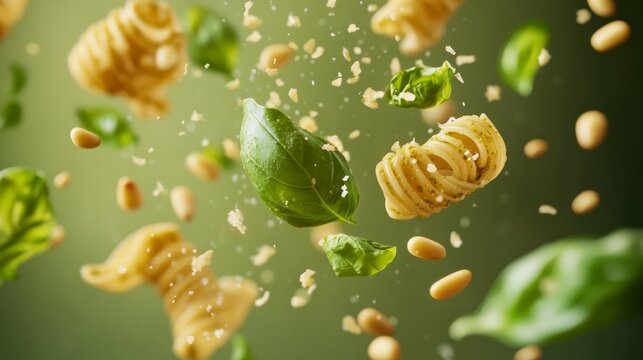 pesto pasta floating in the air generative ai