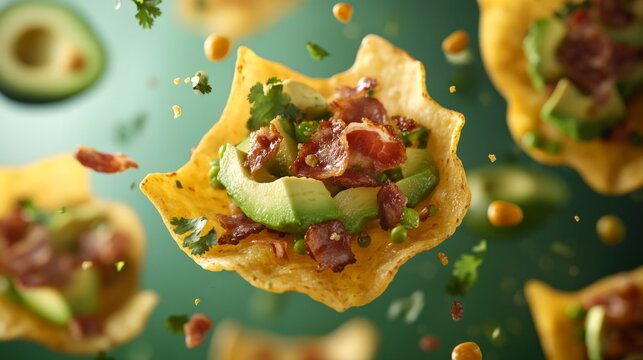fried plantain discs floating in the air, with avocado and meat orbiting the plate; generative ai