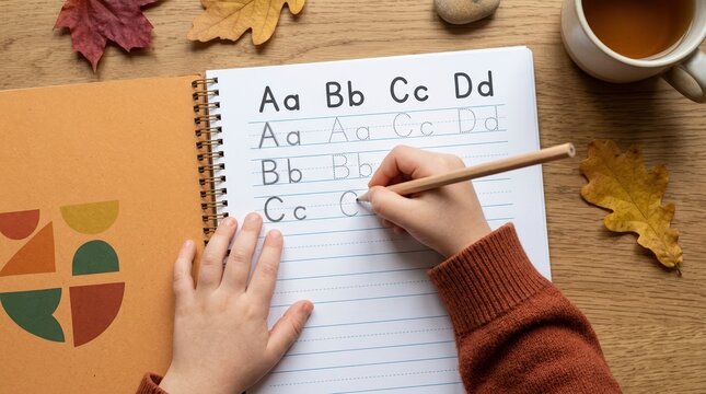 Young child learning to write alphabet letters in a workbook at home during autumn season