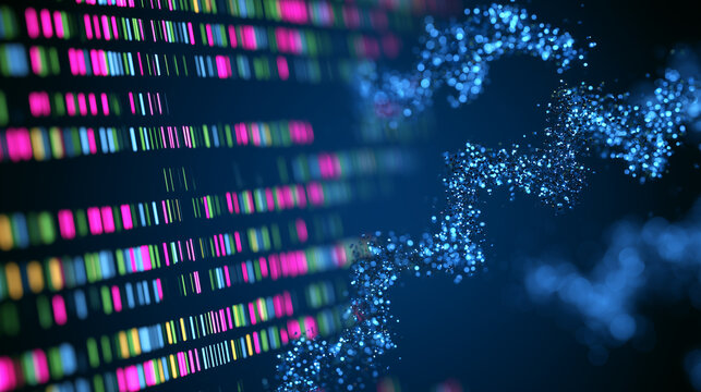 Abstract Digital Visualization of Genetic Sequencing Data and Glowing DNA Particles.