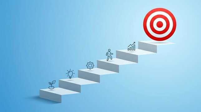 3D Illustration of a White Staircase Leading Upward to a Red Target Bullseye Symbolizing Business Goal Achievement and Success Path