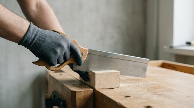 Close up of a male carpenter using a tenon saw to cut a wooden block on a workbench in a workshop