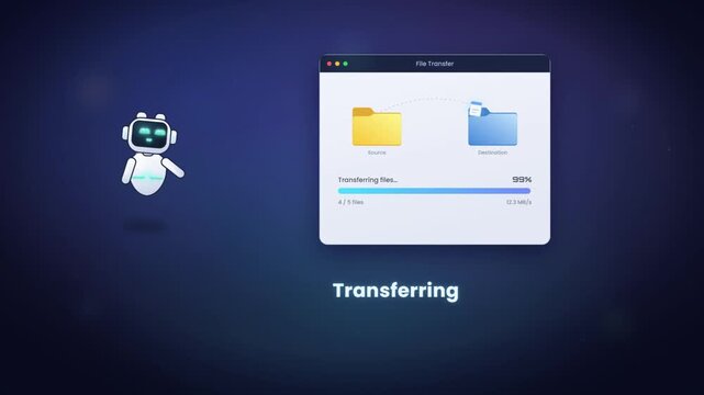 Cute AI robot assistant transferring files between folders with progress bar animation