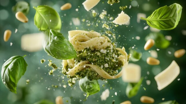 pesto pasta floating in the air generative ai