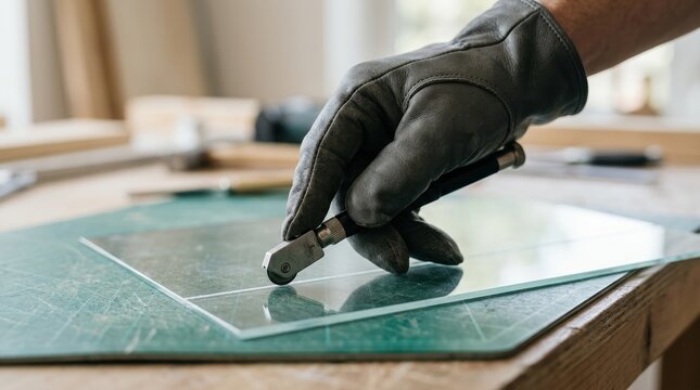 Professional glazier cutting glass sheet with manual tool on workbench for custom window installation and home renovation