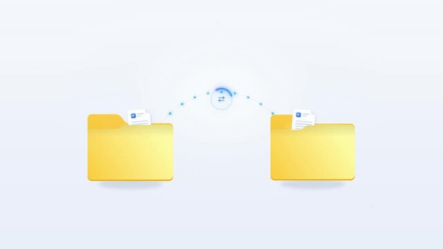 File transfer between two yellow folders with document sync icon on white background