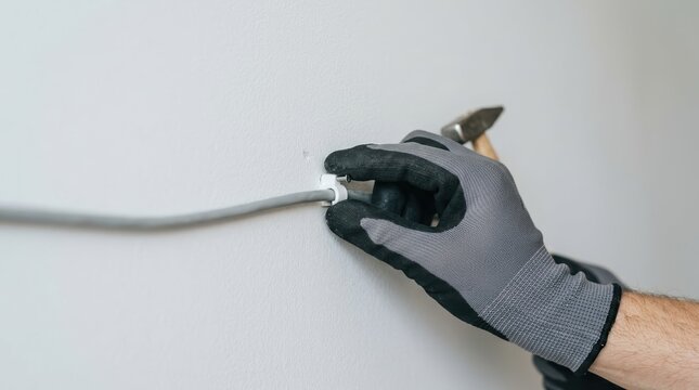 Handyman installing cable clip on wall with hammer for home network wiring and electrical cable management project