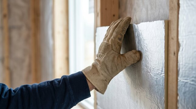 Construction worker installing rigid foam insulation board with foil facing on wooden wall studs for energy efficiency