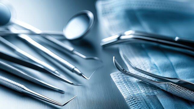 Dental tools and surgical instruments on a clinical table