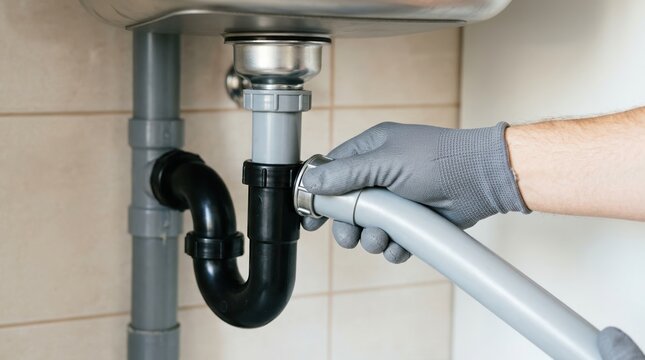 Professional Plumber Repairing Sink Drain Pipe Under Kitchen Counter for Home Maintenance and Plumbing Service