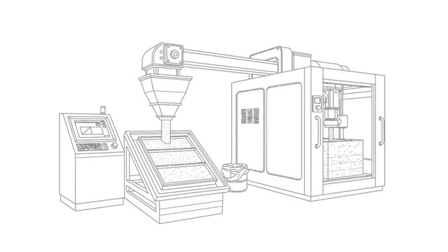 Industrial 3D Printing and Automated Manufacturing Machine Line Drawing. Technical Outline of CNC Equipment and Factory Control Panel.