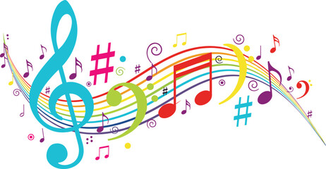 Colorful Musical Notes and Treble Clef Wave Background Vector Illustration © Hadiul