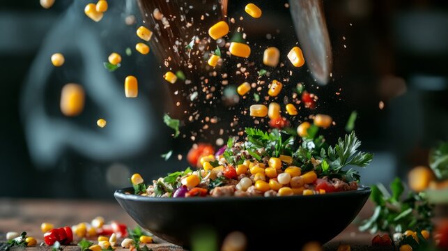 pozole floating in the air, corn kernels and herbs orbiting the bowl, generative ai