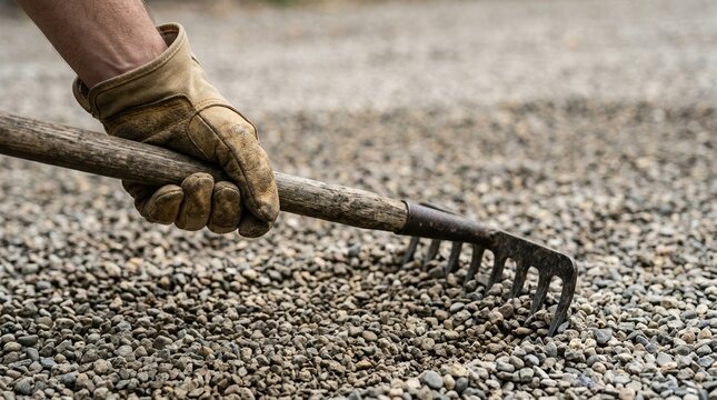 Worker spreading gravel with a rake for landscaping project, close up of gloved hand leveling crushed stone for driveway construction