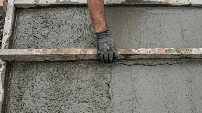 Construction worker leveling wet concrete slab with wooden screed board for residential driveway paving project