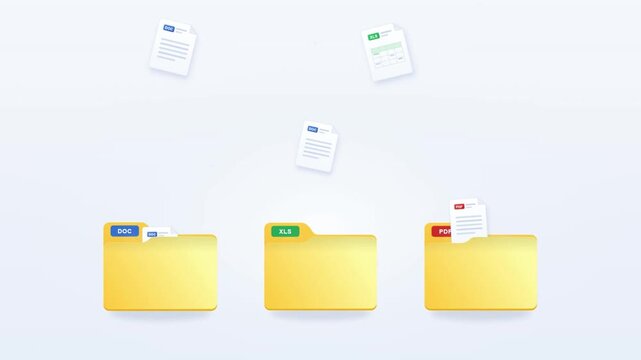 Documents sorting into labeled folders automatic file organization on white background