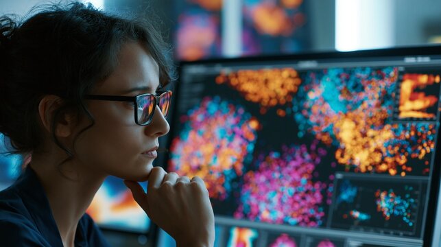 A researcher studies colorful single-cell sequencing clusters on a large monitor, heat maps and scatter plots floating around the screen, focused mood, cool studio lighting, three-quarter composition.