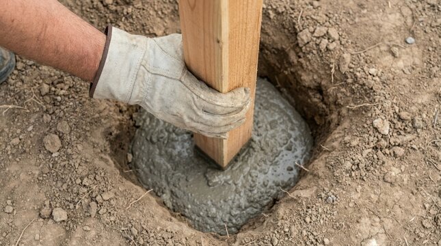 Construction worker installing wooden fence post in wet concrete foundation for residential backyard project