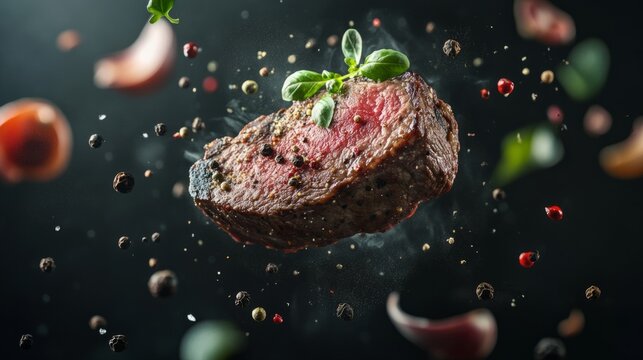 premium-quality steak floating in mid-air; herbs, peppercorns, and drops of sauce surround the meat generative ai