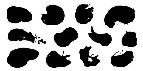 Fototapeta premium Set of solid black watercolor drops, liquid stains, and fluid blobs vector