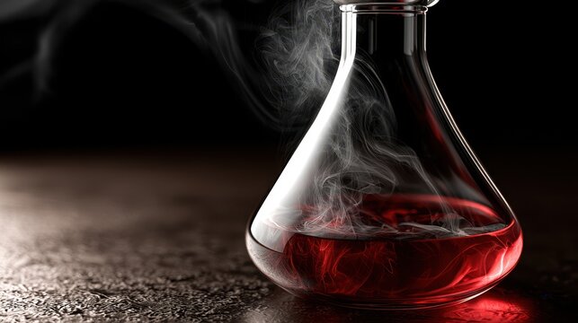 Laboratory flask with steaming red liquid on dark textured surface