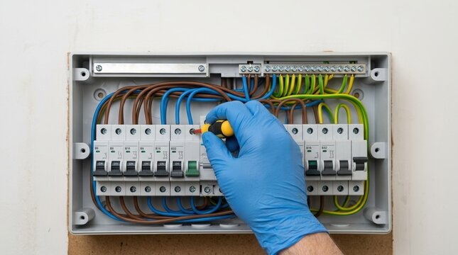 Electrician installing circuit breaker in fuse box, professional electrical maintenance and repair service