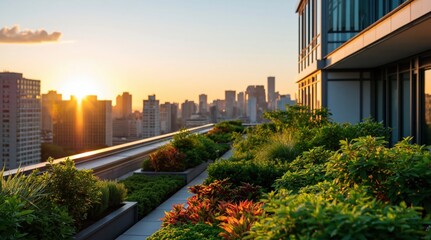 Naklejka premium Rooftop garden terrace with lush plants and flowers overlooking a modern city skyline