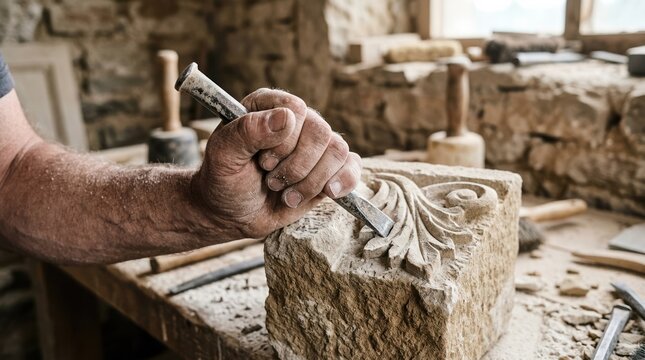 Skilled stonemason carving ornate leaf pattern on limestone block with chisel in traditional workshop