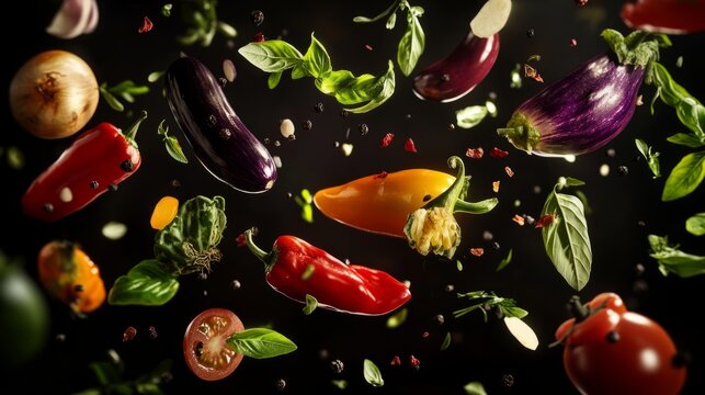 ratatouille ingredients floating in the air, vegetables and herbs elegantly suspended, generative ai