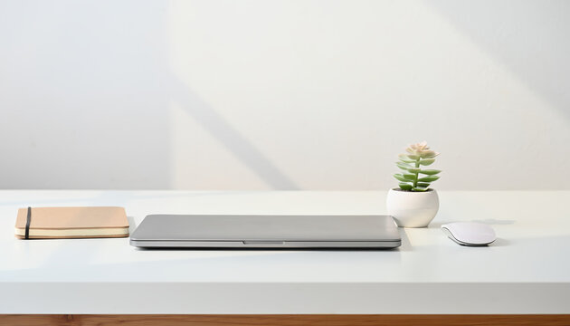 Minimalist desk workspace laptop clean office desk modern work space closed laptop computer wireless mouse notebook succulent plant home office bright natural light organized table surface