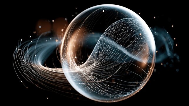 Abstract glowing sphere with network of lines and particles on black background
