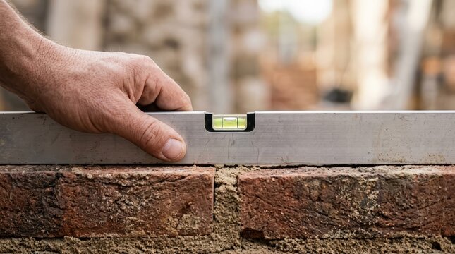 Close up of a Caucasian male bricklayer using a spirit level to check the alignment of a new brick wall construction