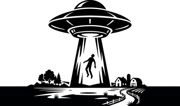 Dramatic Black and White UFO Alien Abduction Vector Art Featuring a Flying Saucer Lifting a Human Over a Rural Farmhouse Landscape for Sci-Fi Themed Graphic Design Projects