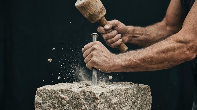 Mature male stonemason carving granite block with mallet and chisel, traditional craftsmanship and manual labor concept