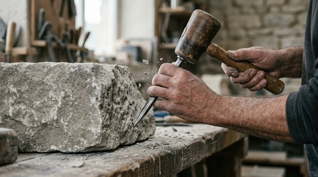 Senior male stone mason carving rough rock block with mallet and chisel in workshop for traditional craft project