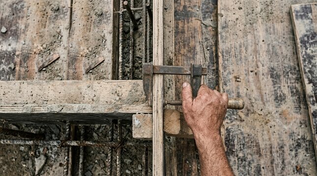 Construction worker using metal clamp to secure wooden formwork for concrete pouring on a building site
