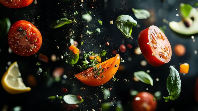 ratatouille ingredients floating in the air, vegetables and herbs elegantly suspended, generative ai