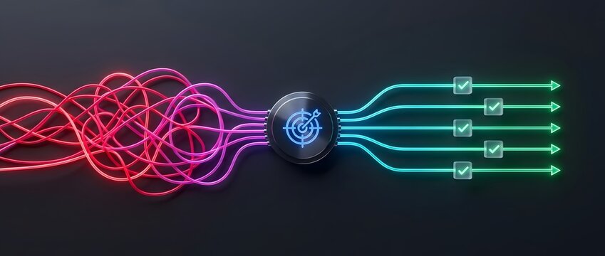 Tangled neon red wires connecting to blue target hub becoming organized green checkmark workflow on dark background. Concept of workflow optimization and digital problem solving.
