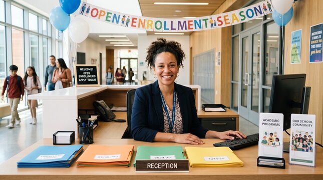 School receptionist smiles at open enrollment season with families and students in background