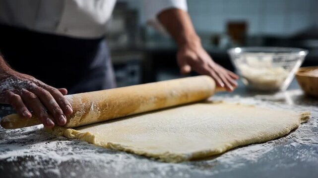 Chef's hands using a wooden rolling pin to flatten dough on a floured surface