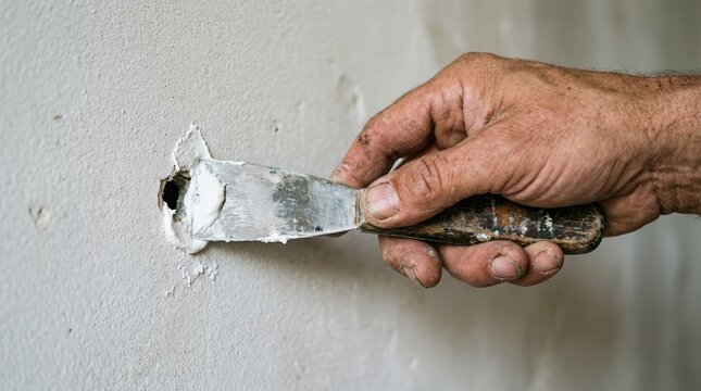 Close up of a mature man hand repairing a wall hole with spackle using a putty knife for home renovation project