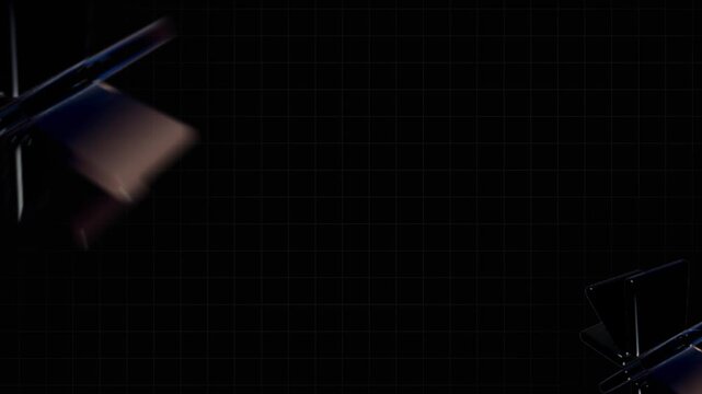 Abstract 3D Animation of Rotating Metallic Geometric Shapes on Grid Background