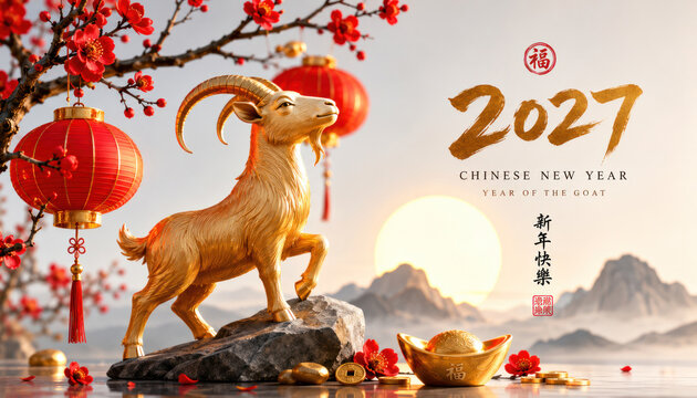 Chinese New Year 2027 &ndash; Year of the Goat Golden Zodiac Illustration with Lanterns