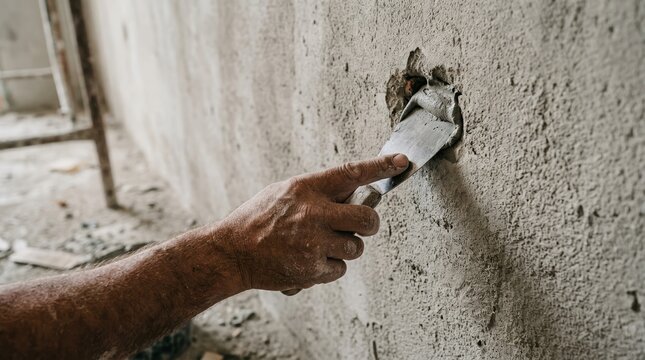 Construction worker patching a hole in a concrete wall with a putty knife for home renovation and repair project