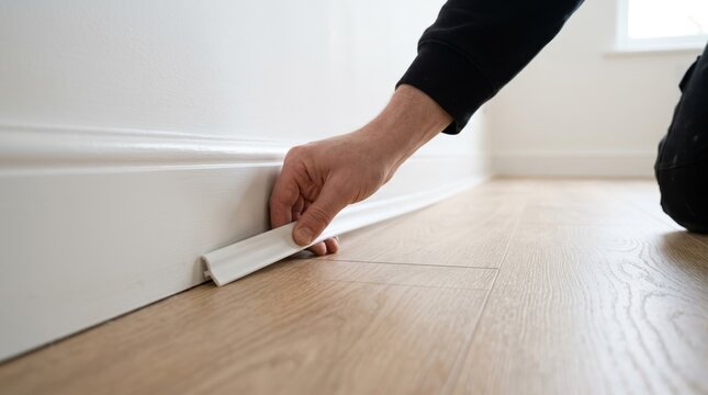 Handyman installing white scotia beading trim on laminate flooring for home renovation project